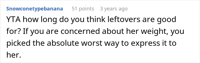 Screenshot of Reddit comment criticizing a man for snapping at his girlfriend after she ate all the leftovers and gained weight.