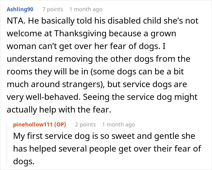 Comment discussing a woman with a service dog and the Thanksgiving drama involving fear of dogs.