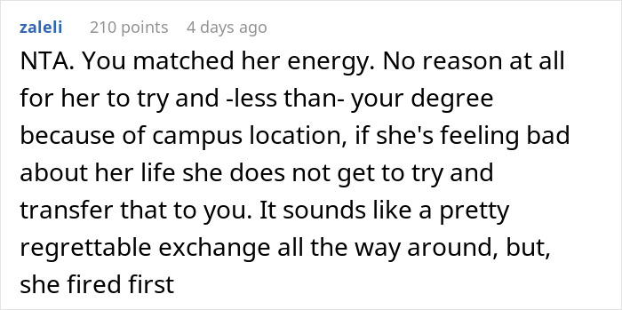 Comment on stay-at-home mom mocking sister-in-law&rsquo;s college degree and clapping back on education value.