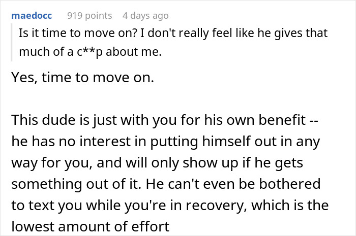 Online comment discussing a girlfriend realizing she needs a boyfriend upgrade after no calls or visits post-surgery.