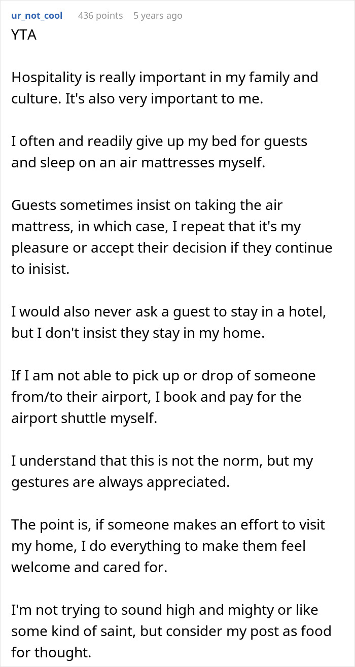 Screenshot of an online forum post discussing hospitality and air mattress use during a pregnant SIL visit offense.