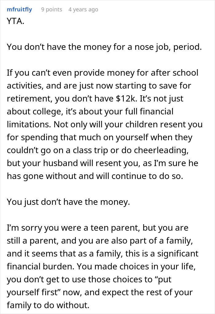 Comment discussing financial struggles and family resentment when choosing a nose job over kids college funds.