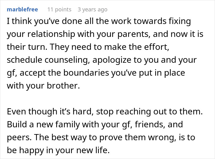Comment from Reddit user marblefree advising on handling entitled parents and autistic brother&rsquo;s behavior in family dynamics.