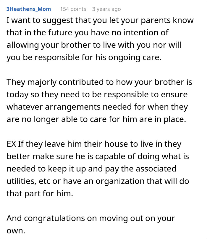Comment suggesting parents take responsibility for autistic brother&rsquo;s care after moving out, highlighting entitled parents and golden child behavior.