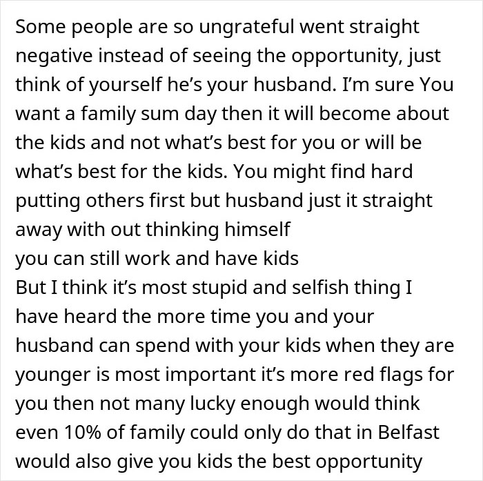Comment discussing gender roles as woman refuses to quit job after husband&rsquo;s promotion, highlighting family and work balance.