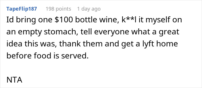Comment from user TapeFlip187 sharing a humorous approach to refusing bring expensive food for Thanksgiving gathering.