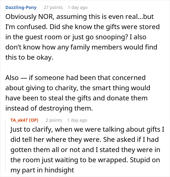 User comments discussing a woman deciding to destroy child&rsquo;s Christmas presents over charity concerns.