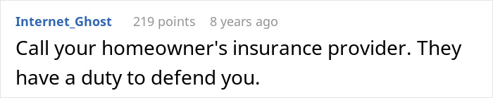 Screenshot of Reddit comment discussing homeowner's insurance duty to defend in a legal dispute over kids using neighbor&rsquo;s yard without asking.