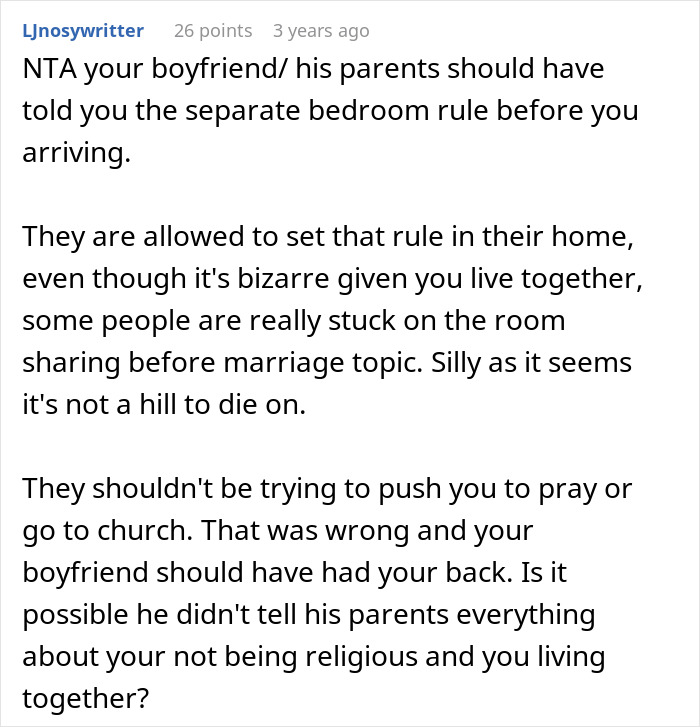 Comment discussing MIL making son's girlfriend sleep in a separate room and pushing her to pray or attend church.