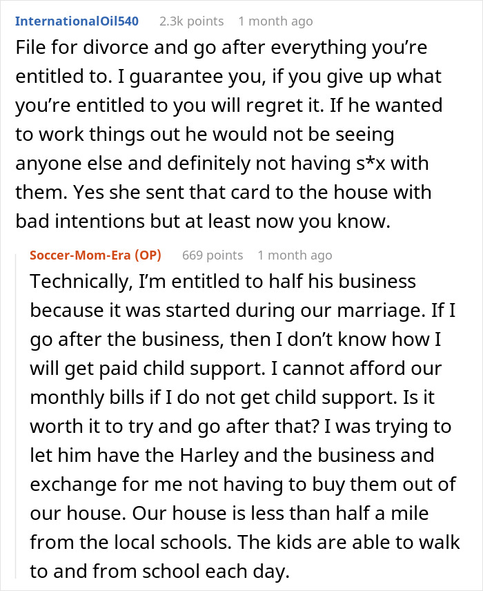 Reddit conversation about divorce, child support, and business entitlements while working things out with wife.
