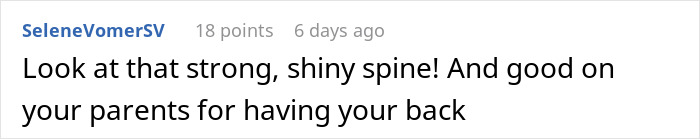 Screenshot of a social media comment praising a strong spine and supportive parents, related to family and childfree topics.