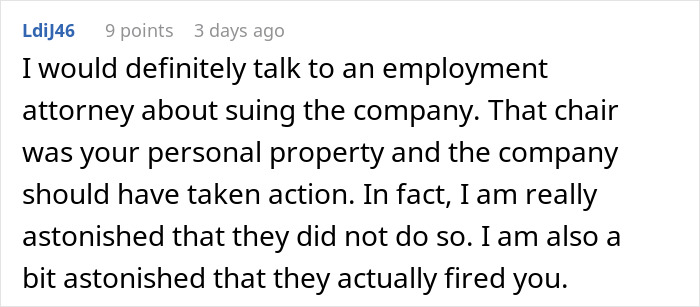 Reddit comment discussing legal advice after losing job over expensive $1.8K office chair dispute with company. Reddit comment discussing legal advice after losing job over expensive $1.8K office chair dispute with company.