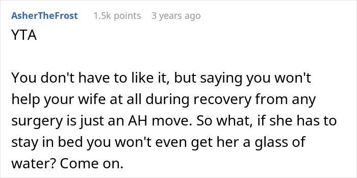 Reddit comment discussing refusing help to spouse during recovery from cosmetic surgery, highlighting lack of support.
