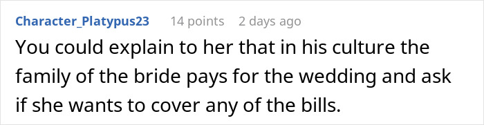 Comment discussing sister wedding money culture, explaining bride&rsquo;s family traditionally pays and asking about covering bills.
