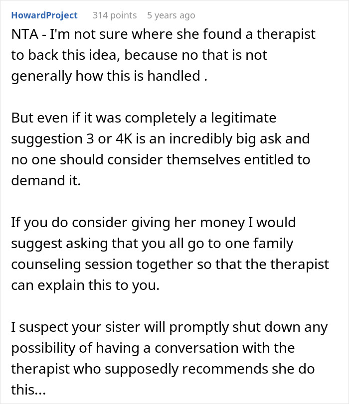 Commenter discusses sister's $4k plastic surgery request amid body dysmorphia and suggests family counseling sessions.