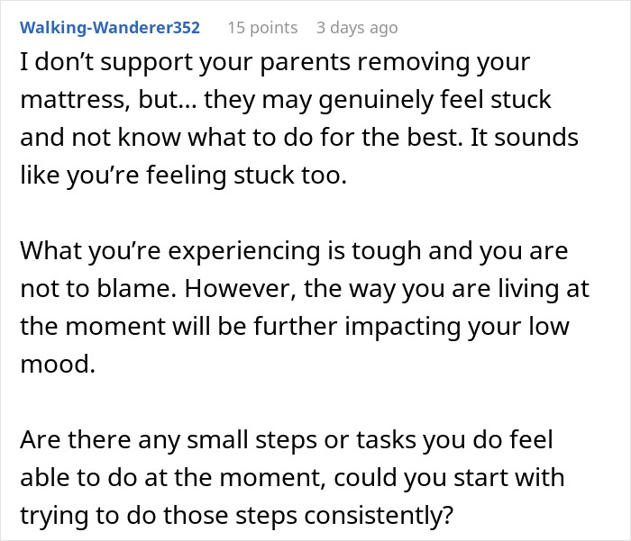 Comment urging support for daughter’s depression, discussing impact of parents removing mattress and calling her lazy for sleeping. Comment urging support for daughter’s depression, discussing impact of parents removing mattress and calling her lazy for sleeping.