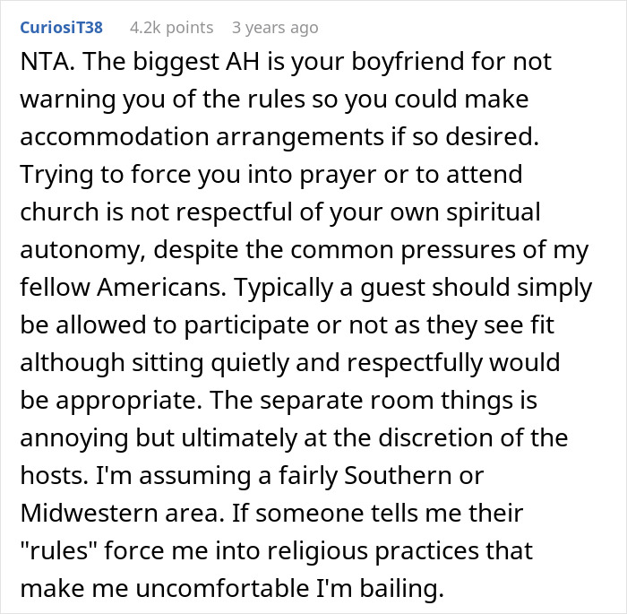 Comment discussing MIL making son's girlfriend sleep in a different room and forcing prayer or church attendance.