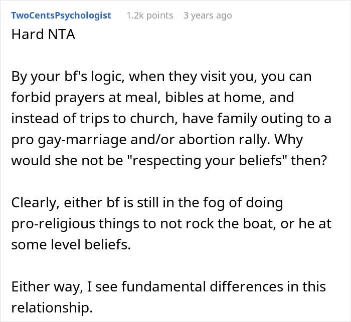 Text post discussing MIL making son's girlfriend sleep separately due to religious beliefs about prayer and church attendance.