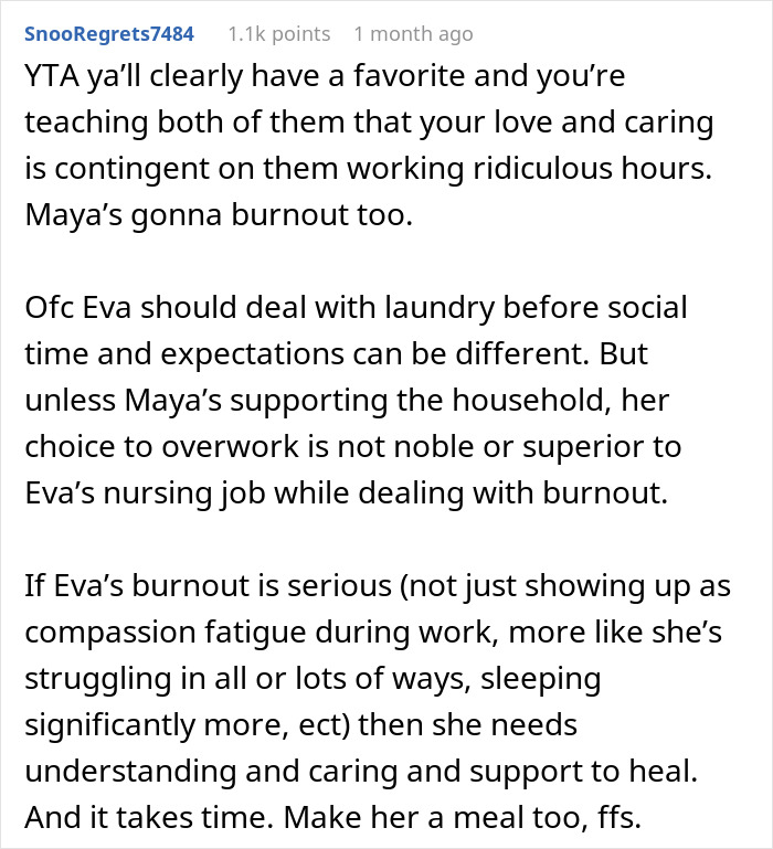 Comment discussing the golden child receiving laundry service from parents while younger daughter learns life lessons. Comment discussing the golden child receiving laundry service from parents while younger daughter learns life lessons.