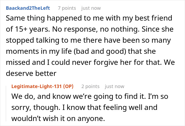 Screenshot of a text conversation about best friend no contact and the pain of lost long-term friendship moments.