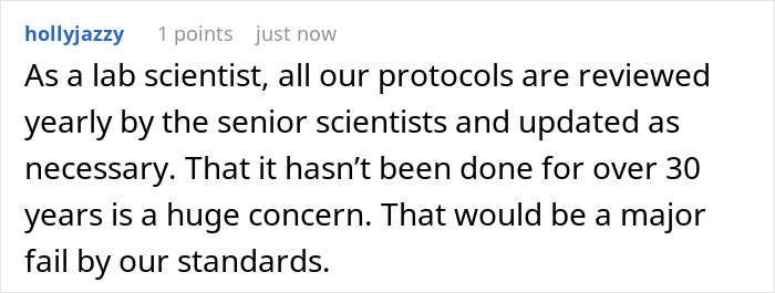 Comment about lab scientist protocols and office standards, highlighting strict rules done by the book causing office shutdown.
