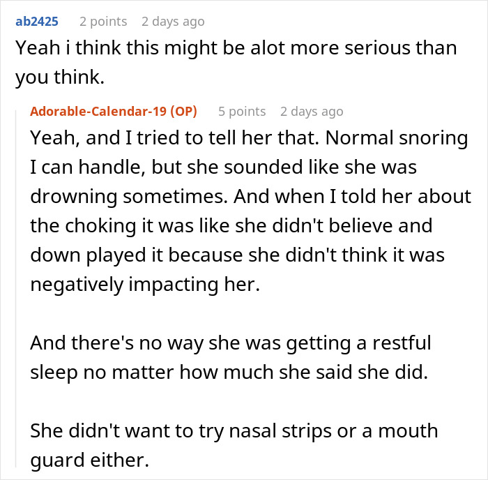 Text conversation about roommate&rsquo;s severe snoring causing sleepless nights and refusal to try remedies like nasal strips or mouth guard.