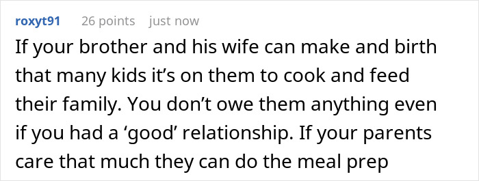 Comment discussing a golden child brother&rsquo;s entitlement to free meals and sibling refusing to provide food.