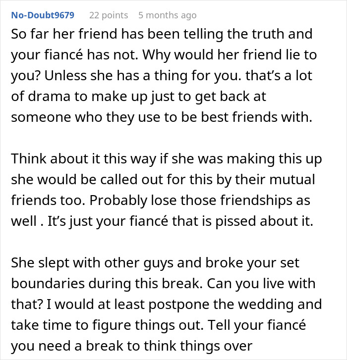ALT text: Online advice discussing bride breaking no dating rule during break and claims of cheating from maid of honor. ALT text: Online advice discussing bride breaking no dating rule during break and claims of cheating from maid of honor.