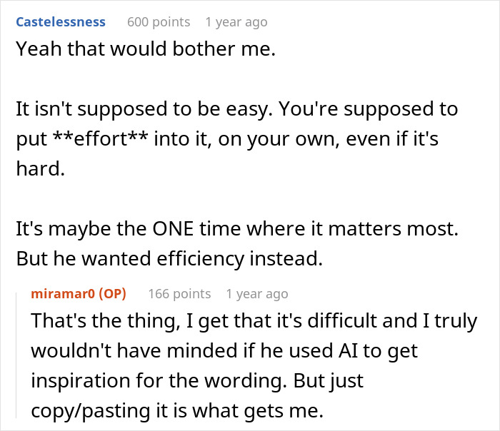 Screenshot of a Reddit discussion about a groom’s vows making his wife cry and how he wrote them using AI. Screenshot of a Reddit discussion about a groom’s vows making his wife cry and how he wrote them using AI.