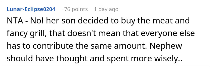 Comment by Lunar-Eclipse0204 explaining refusal to bring expensive food to Thanksgiving and discussing fair contribution.