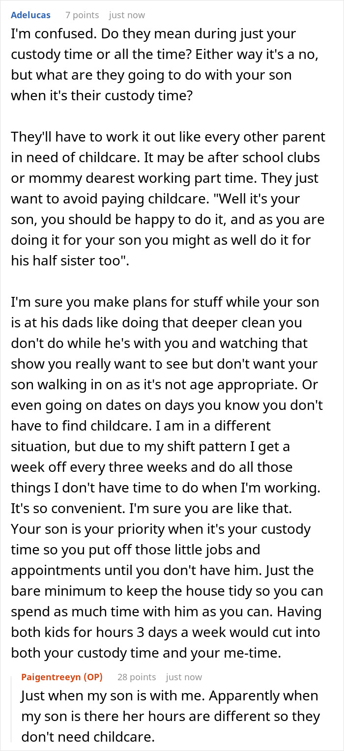 Comment text discussing childcare challenges amid custody time and parenting responsibilities in a complicated family situation. Comment text discussing childcare challenges amid custody time and parenting responsibilities in a complicated family situation.