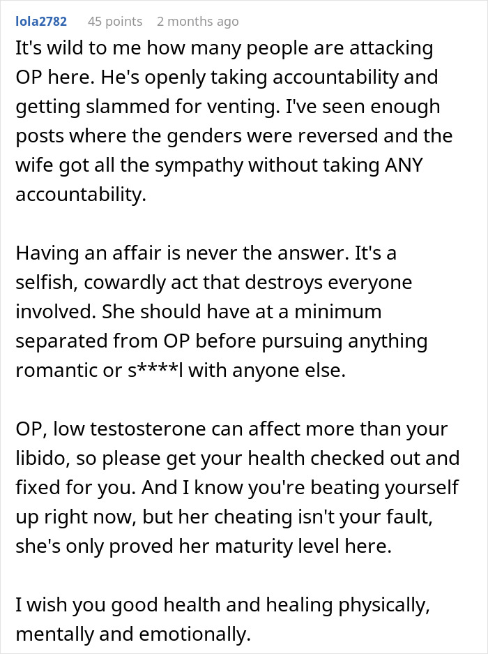 Reddit comment discussing husband refusing intimacy and impact on marriage, addressing accountability and relationship issues.
