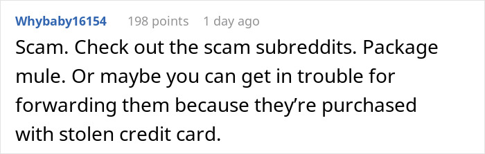 Comment discussing package mule scam and issues with forwarding packages bought using stolen credit cards.