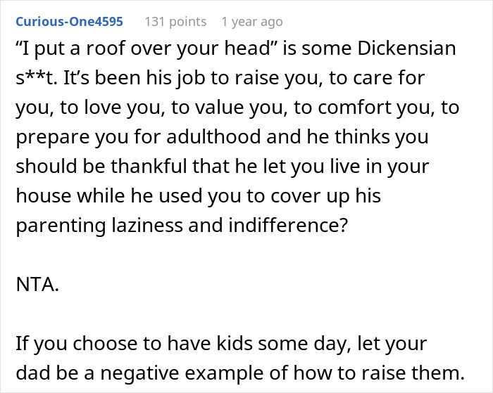 Text comment about teen telling dad she refuses to babysit step-siblings again, discussing parenting and responsibilities.