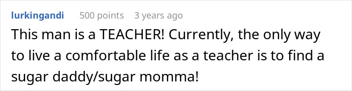 Text post from a user discussing a teacher's view on finding a sugar daddy or momma for a comfortable life.