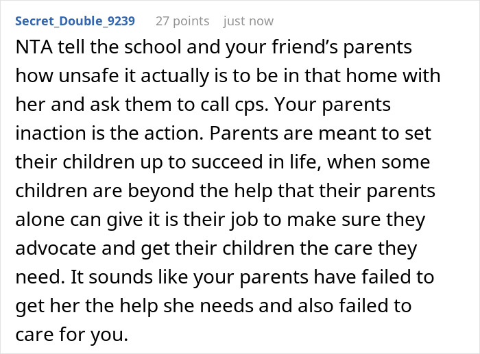 Comment discussing a 16-year-old feeling like a prisoner with a mentally unstable sister and parents prioritizing her needs.