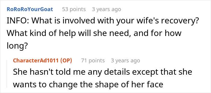 Online discussion showing a user refusing help to recover from cosmetic surgery, with questions about needed support.