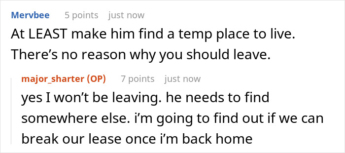 Conversation screenshot showing a discussion about a boyfriend cheating woman on vacation and housing arrangements.