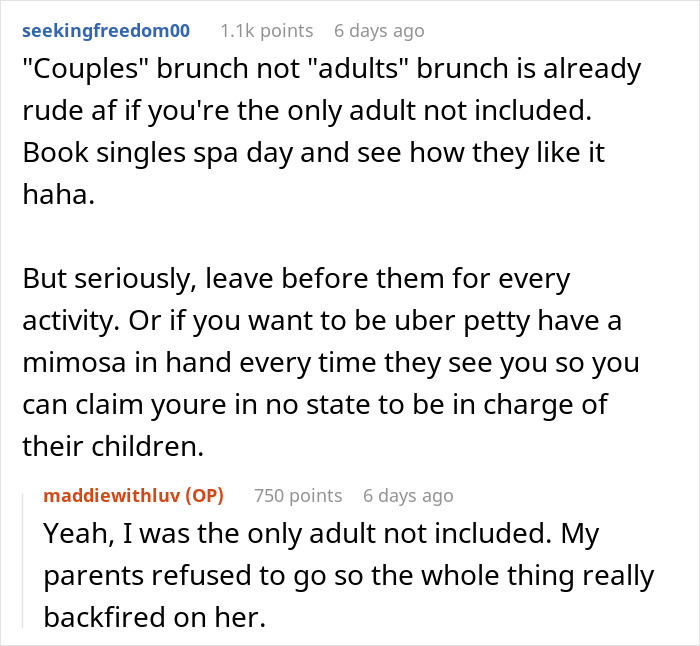 Text conversation about adults excluded from brunch and dealing with rude behavior, related to family trying to dump kids on childfree cousin.