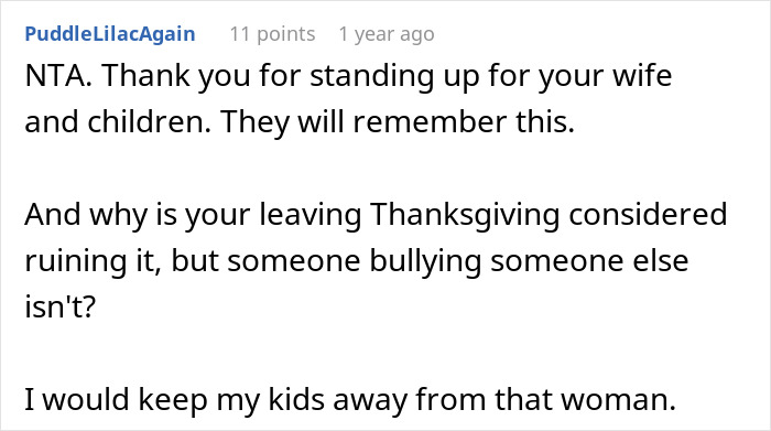 Reddit comment supporting husband dragging wife and kids from Thanksgiving after sister&rsquo;s major tantrum incident.