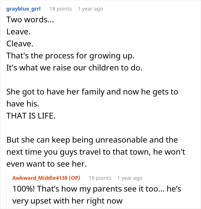Reddit comments discussing a MIL who struggles with son choosing wife and baby over her, highlighting selfish and possessive behavior.