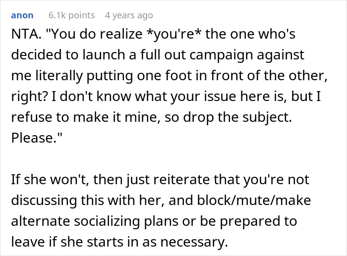 Screenshot of a forum comment where an avid walker defends doing 20K steps per day after being mocked by SIL.