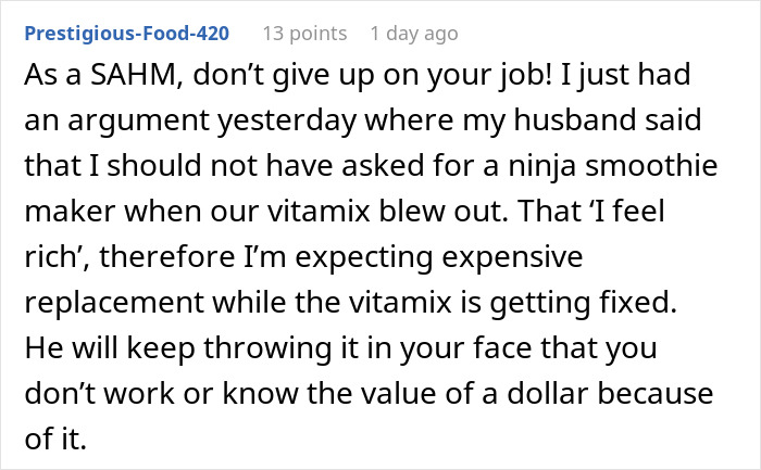 Commenter shares experience about refusing to quit job despite husband's promotion and dealing with gender role expectations.