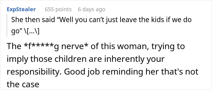 Reddit comment criticizing a woman for trying to leave her kids with a childfree cousin during vacation.