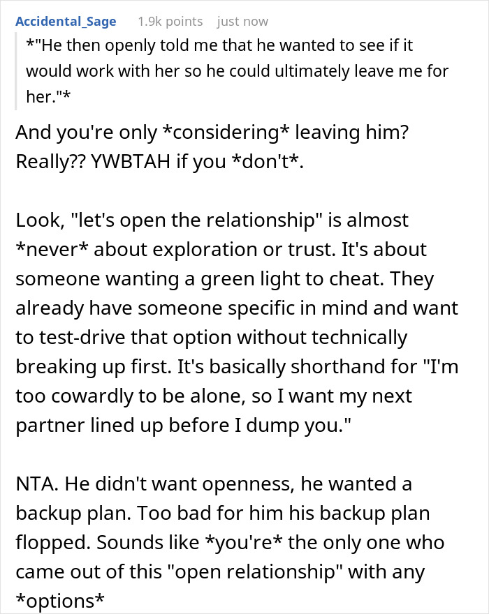 Screenshot of a Reddit comment discussing a boyfriend who opens relationship but ends up with no dates. Screenshot of a Reddit comment discussing a boyfriend who opens relationship but ends up with no dates.