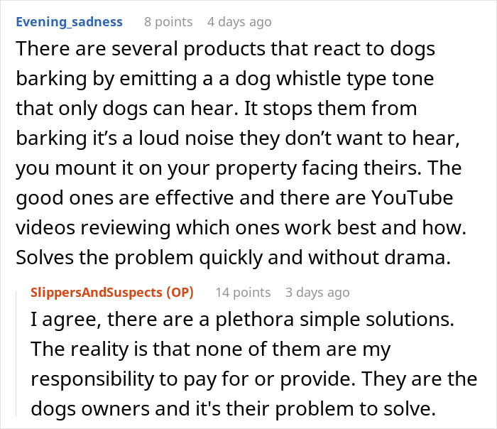 Comments discussing solutions for neighbors who can't keep their dogs quiet with dog whistle products and owner responsibility.