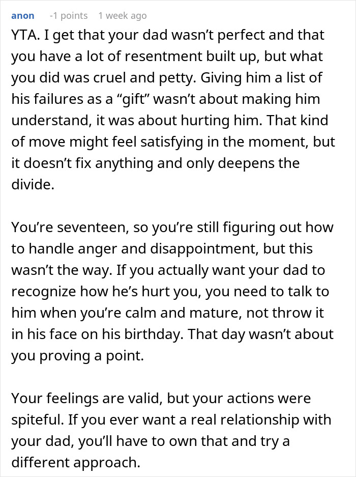 Comment discussing a teen giving his father a reality check on his 50th birthday, addressing anger and relationships.