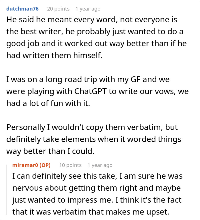 Forum discussion about groom’s vows and how using AI to write them caused mixed emotions in the wife. Forum discussion about groom’s vows and how using AI to write them caused mixed emotions in the wife.