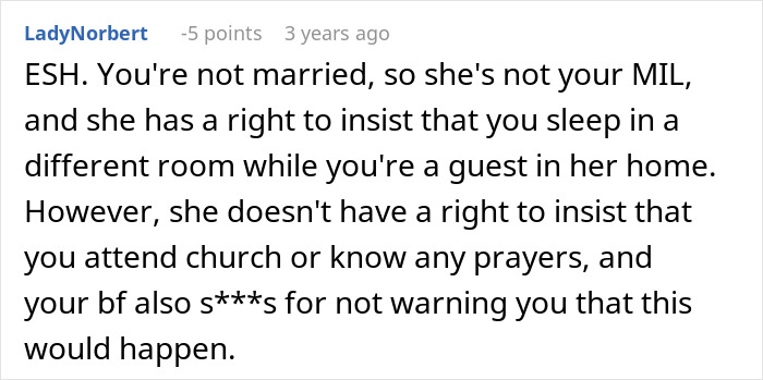Comment about MIL making son's girlfriend sleep in a different room and disbelief over not praying or attending church.
