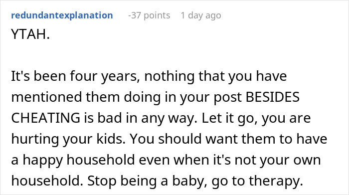Comment criticizes cheating husband and urges letting go of hate for mistress's infertility in a family conflict discussion. Comment criticizes cheating husband and urges letting go of hate for mistress's infertility in a family conflict discussion.